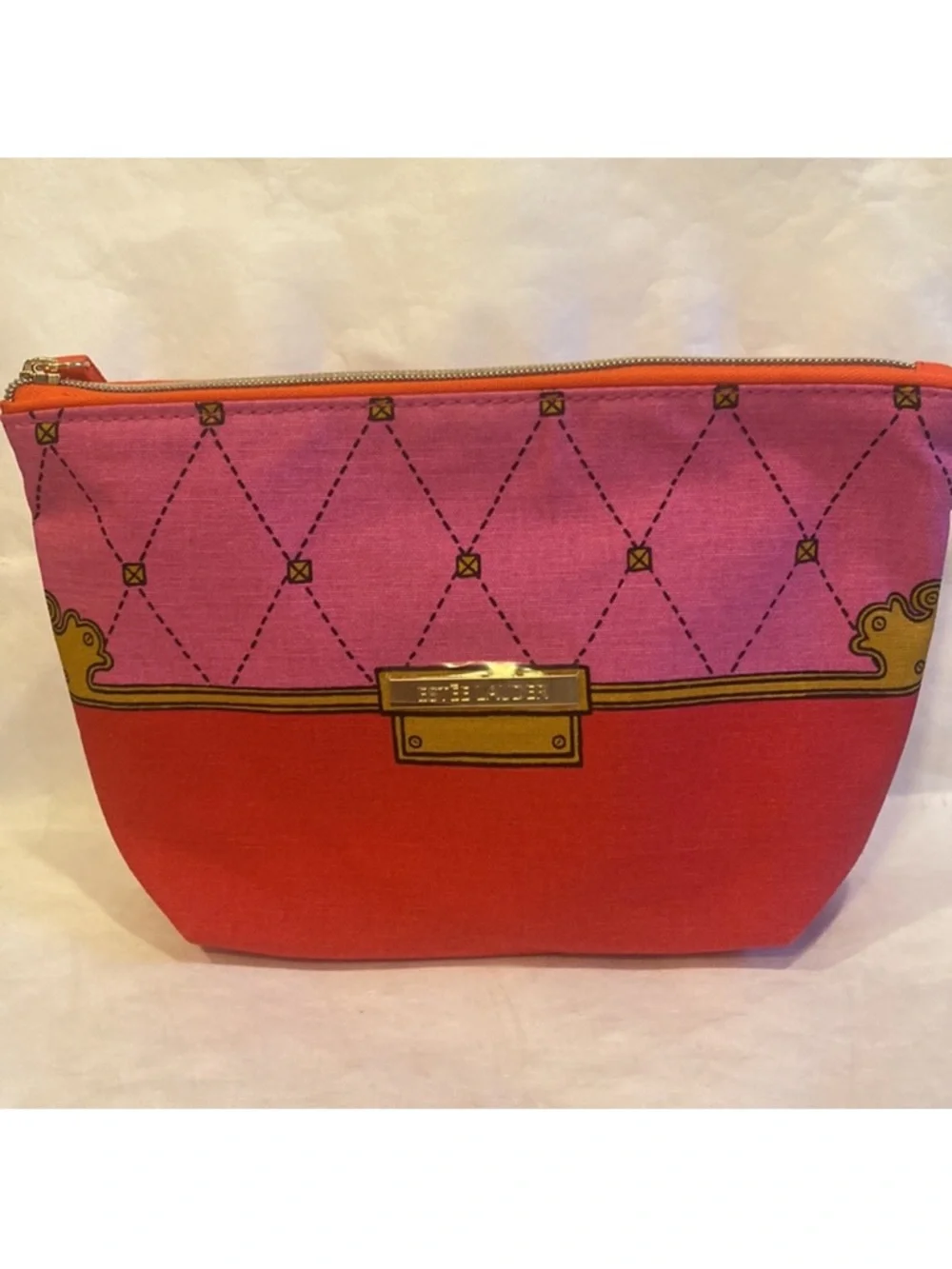 ESTEE LAUDER Regal Red Pink Canvas Zip Top Cosmetic Makeup Bag 8”x5”x2” New